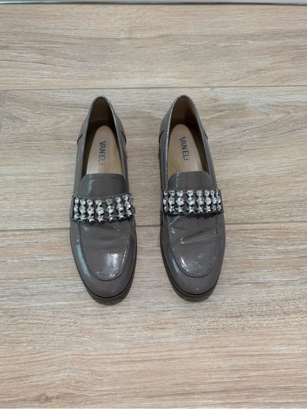 Vaneli Taupe Patent Loafers with Crystal Strap